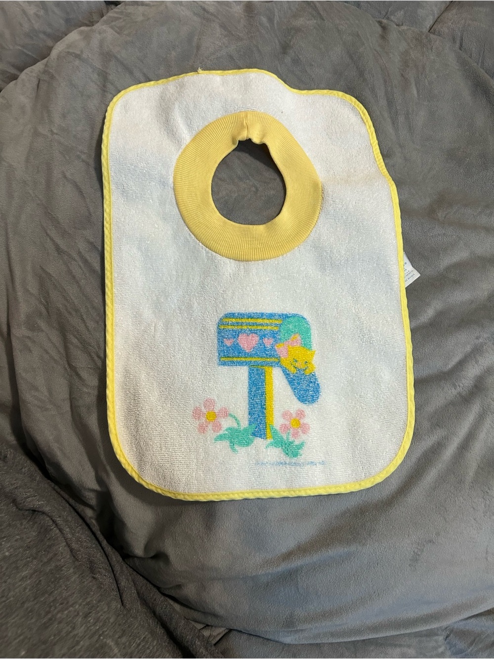 Vintage Yellow-Trim Baby Bib with Mailbox Graphic